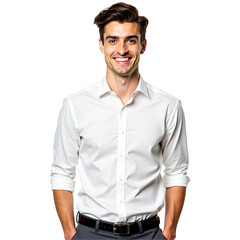 Confident young professional portrait. Smiling businessman in white shirt, grey pants. Corporate headshot, website profile, marketing. Isolated on transparent background.