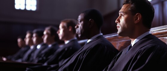 Obraz premium Row of judges in robes sits solemnly, highlighting authority and the gravity of judicial responsibility.