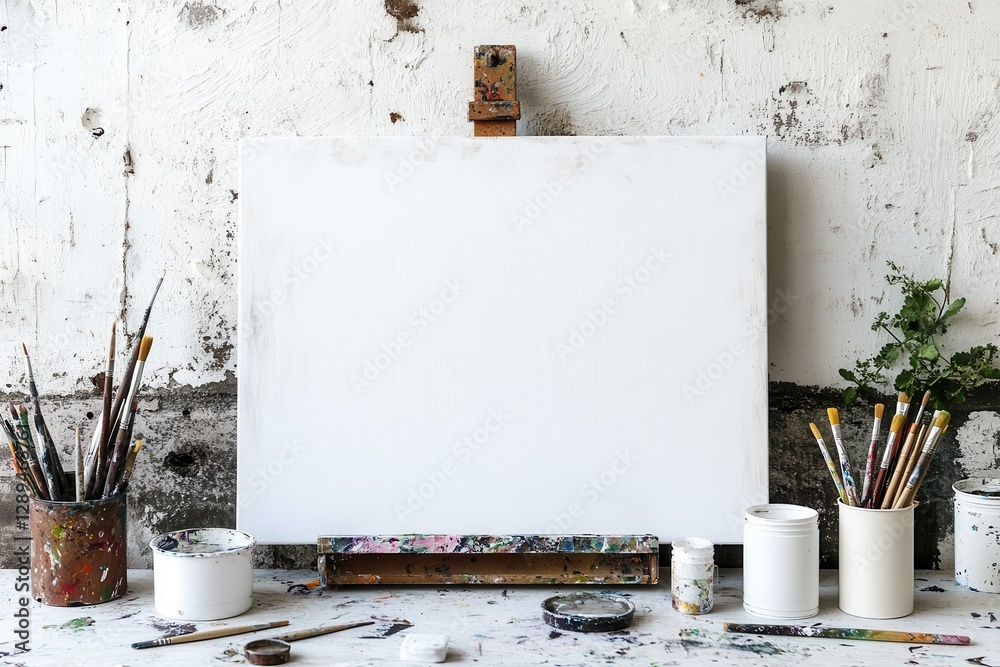 Aufkleber Bright and inviting art studio workspace ready for creativity with brushes, paints, and an empty canvas awaiting inspiration
