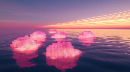 A surreal ocean scene with glowing rose-colored grid fragments emerging from the water like islands