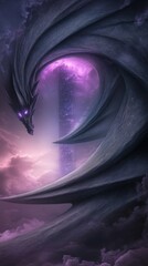 Epic Dragon Digital Artwork in Enchanted Purple Fantasy Landscape with Mystical Clouds and Cosmic Atmosphere. Abstract Phone Wallpaper 9:16