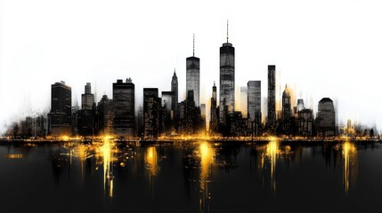 Fototapeta premium A stylized, panoramic silhouette of a city skyline is rendered in black against a white background, with golden highlights reflecting at the base, suggesting a body of water
