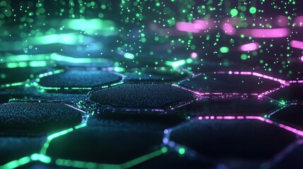 A suspended glowing hexagonal formation casting intricate patterns across a backdrop filled with soft ambient green and magenta light particles.