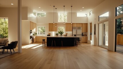 A bright, modern kitchen with light wood cabinetry and a dark island is featured in a spacious room with high ceilings and large windows, leading to an outdoor patio