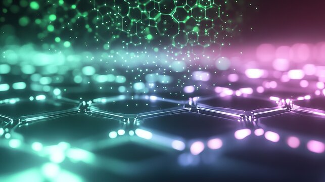 A suspended glowing hexagonal formation casting intricate patterns across a backdrop filled with soft ambient green and magenta light particles.