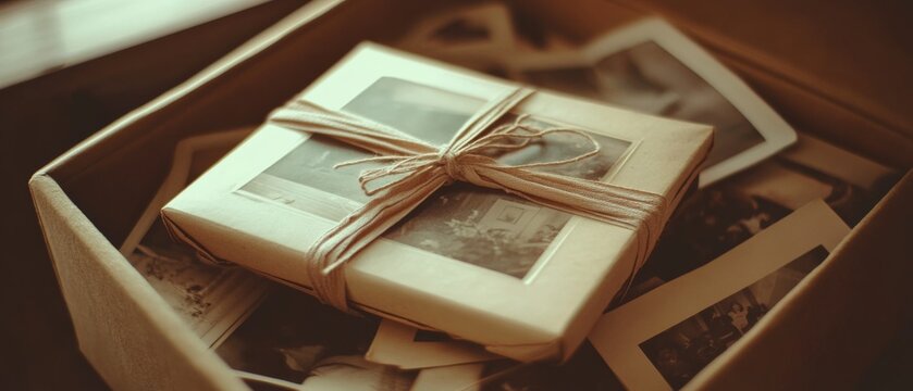Nostalgic memories preserved in a box of vintage photos, capturing warmth and timeless treasures of the past.