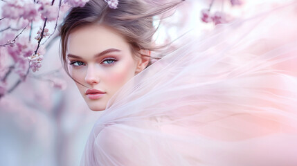 Bride in a flowing organza dress. Early spring wedding concept.