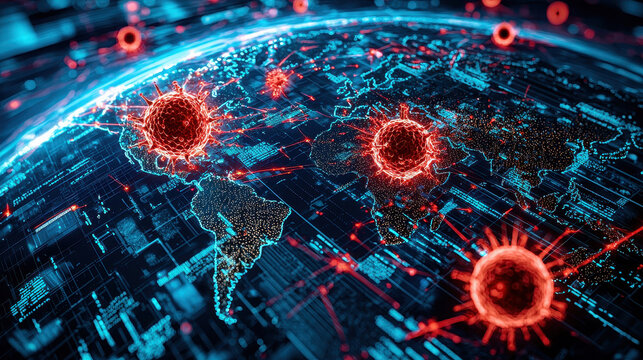 Futuristic hacker AI unleashes digital tendrils across global network in a cyber attack scenario