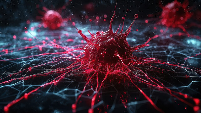 Futuristic hacker AI unleashing a red virus across a detailed cyber network with digital tendrils spreading rapidly