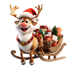 A Jolly 3D Cartoon Rudolph the Reindeer Wearing a Santa Hat Pull Isolated on Transparent Background
