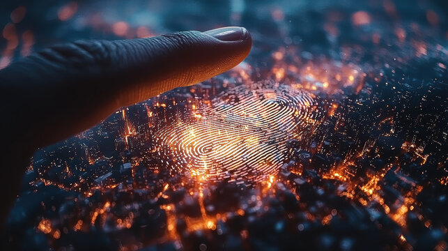 Giant fingerprint scanner verifying news authenticity on a futuristic social media platform with intricate details and glowing elements
