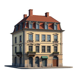 Building with elegant architecture, light yellow walls, red roofs, and decorative elements in a modern style