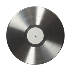 Vinyl record circular shape smooth surface silver or platinum color with blank label center displayed on white background