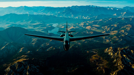 A plane flying over a mountain range with a lake in the distance