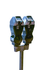 PNG of two parking meters on a single post.  transparent background