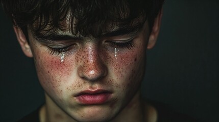 Fototapeta premium Teenage boy crying in the dark, emotional portrait for mental health blogs, depression awareness, psychological support, youth suicide prevention, school counseling resources, and adolescent support 