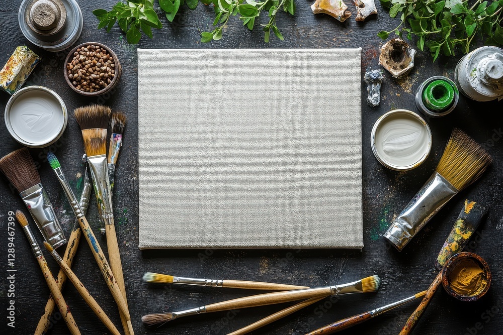 Poster bright and inviting art studio workspace ready for creativity with brushes, paints, and an empty can