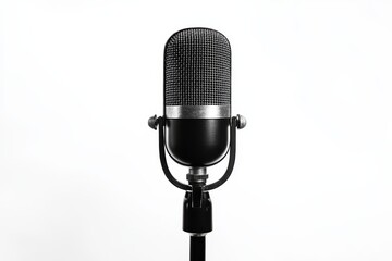 Classic microphone on white background - A classic microphone stands tall on a white background representing music, sound, performance, recording, and creativity
