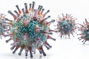Close Up Microbial Structure Against White Background - A detailed close-up view of a virus structure with spikes and textures, set against a plain white backdrop