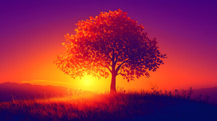 Obraz premium A striking silhouette of a tree with fiery orange leaves set against a glowing purple sunset.