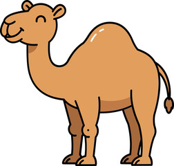 Happy camel standing in a cheerful pose, flat design, showcasing playful features, vector illustration