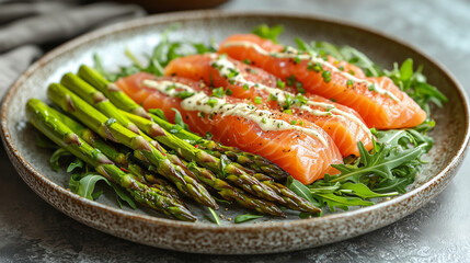 Casual brunch style, asparagus and smoked salmon on arugula with creamy dressing, modern ceramic plate, bright natural daylight, slightly high-angle shot