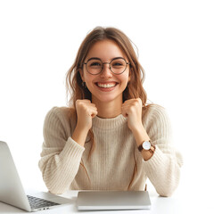 A Young Woman Sitting at a Desk with Her Laptop Isolated on Transparent Background