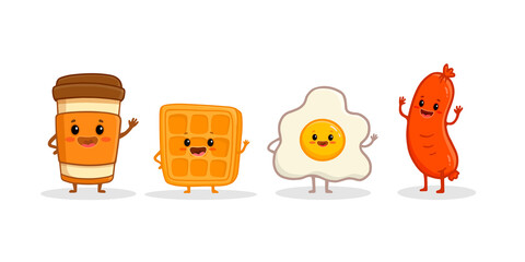 set of cartoon food characters isolated on white. Cup of coffee, fried egg, Viennese waffle and sausage in flat style. Breakfast food. 