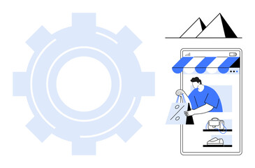 Large gear symbol, person holding shopping bag from smartphone storefront, stylized mountains. Ideal for technology, eCommerce, digital shopping, innovation, online retail, consumer behavior
