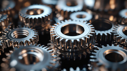 Dynamic arrangement of interlocking gears showcasing intricate details in silver and chrome hues with artistic symmetry