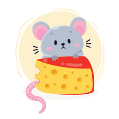 Mouse and cheese. Cute cartoon vector illustration