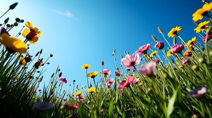 Vibrant farmland with colorful wildflowers under bright sky capturing a cheerful bloom perspective