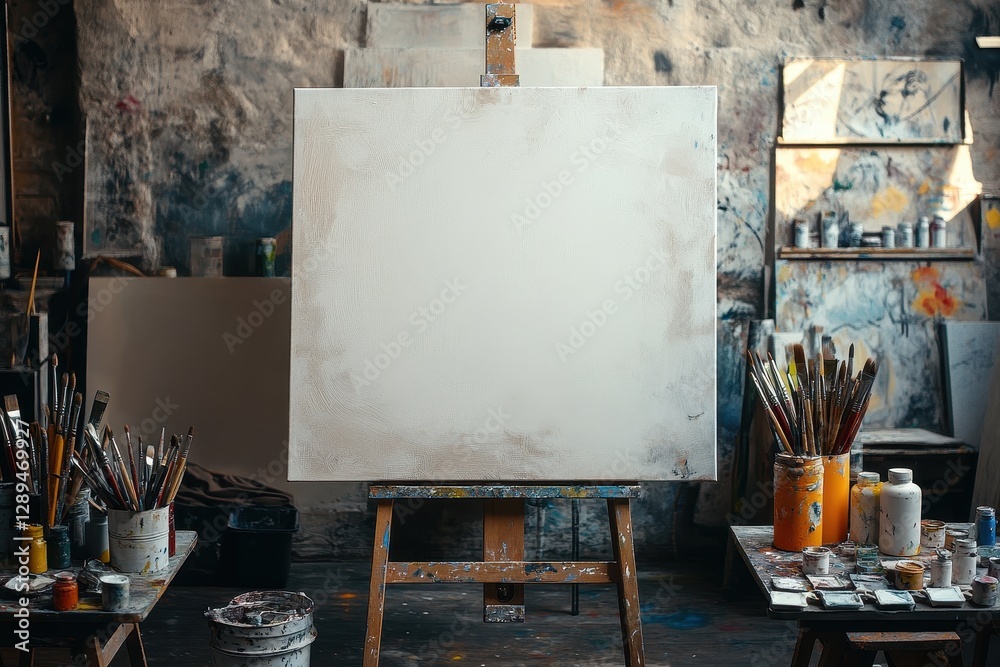 Poster bright and inviting art studio workspace ready for creativity with brushes, paints, and an empty can
