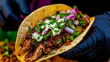 A person holding a taco filled with meat and vegetables