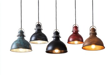 Obraz premium Colorful Vintage Hanging Lights Isolate on White Background - A collection of five vintage hanging lights with varying colors and designs, symbolizing ambiance, warmth, creativity,