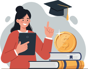 A cheerful woman holding a tablet with graduation cap and coin stacks in flat vector illustration