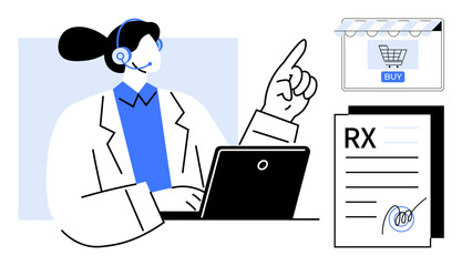 Pharmacist with headset using laptop while pointing at online buy button and RX prescription. Ideal for telemedicine, online pharmacy, digital health, e-commerce, virtual consultation, medical