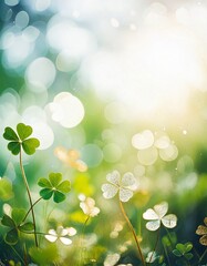 A vibrant St. Patrick's Day background featuring a magical field of clovers and soft, glowing lights twinkling in the distance