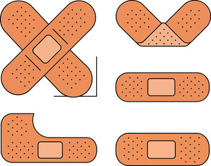 Collection of flat-style adhesive bandages in various shapes and sizes showcasing health and care vector art