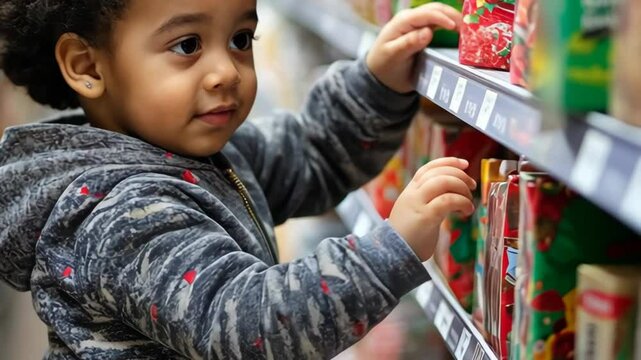 Curious child exploring brightly colored cereal boxes on a grocery store shelf
