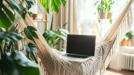 Obraz premium Laptop on Hammock with Boho Home Office Decor Ultra