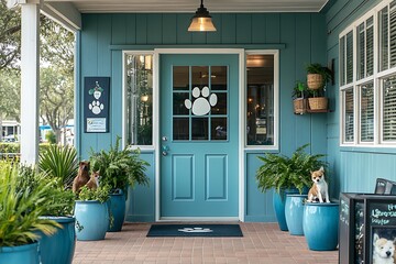 Pet Clinic Entrance, Plants, Blue Door