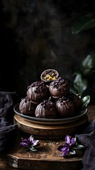 Fototapeta premium Chocolate truffles with a spicy chili and orange zest filling.