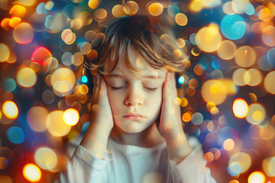 Young child with serious expression covers their ears, surrounded by vibrant bokeh lights. Sad boy against festive background. Concept of emotional overload and stress in children during holidays