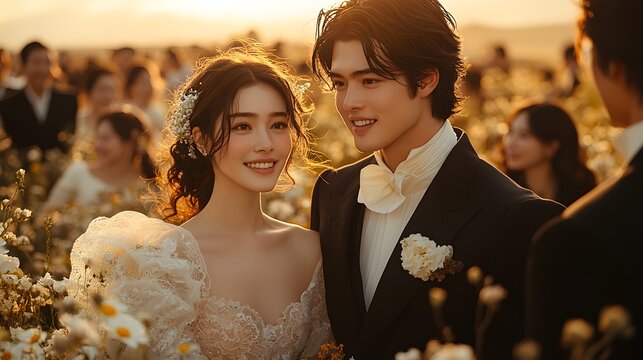 A couple walking down a flower-lined aisle, surrounded by smiling guests under soft natural light