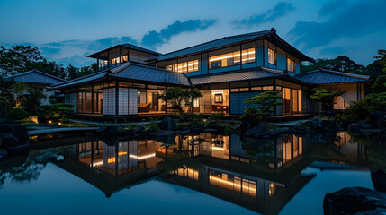 Obraz premium Elegant traditional japanese house reflecting on a serene pond at dusk