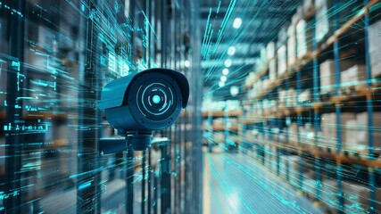 A surveillance camera captures real time data processing within a bustling warehouse setting, showcasing security technology at work - Powered by Adobe