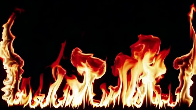 A dynamic video of flames rising against a black background, captured from a low-angle, emphasizing the vibrant, flowing fire patterns.