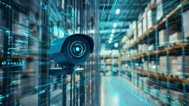 A surveillance camera captures real time data processing within a bustling warehouse setting, showcasing security technology at work