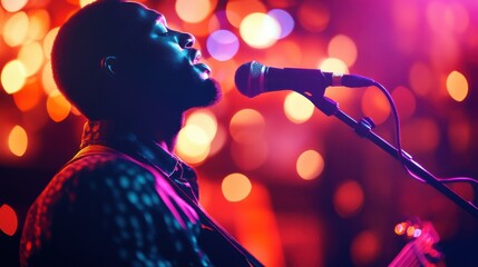African-American Musician Performing Under Neon Lights